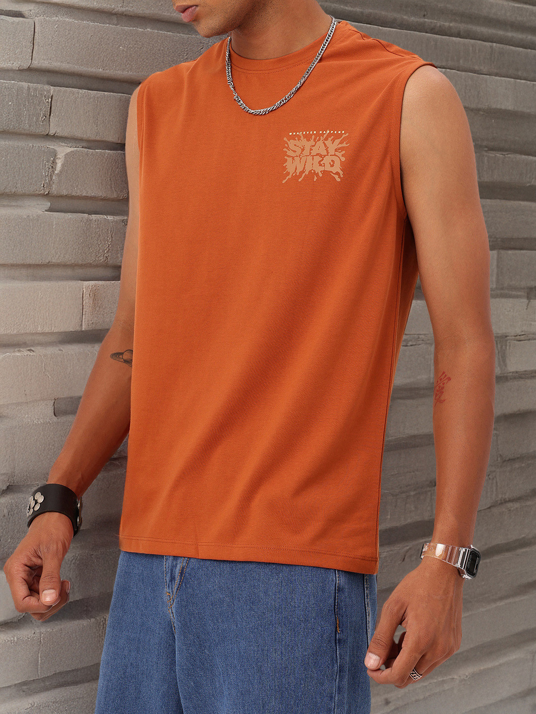 

Kook N Keech Urban Raw Printed Sleeveless T-shirt, Rust