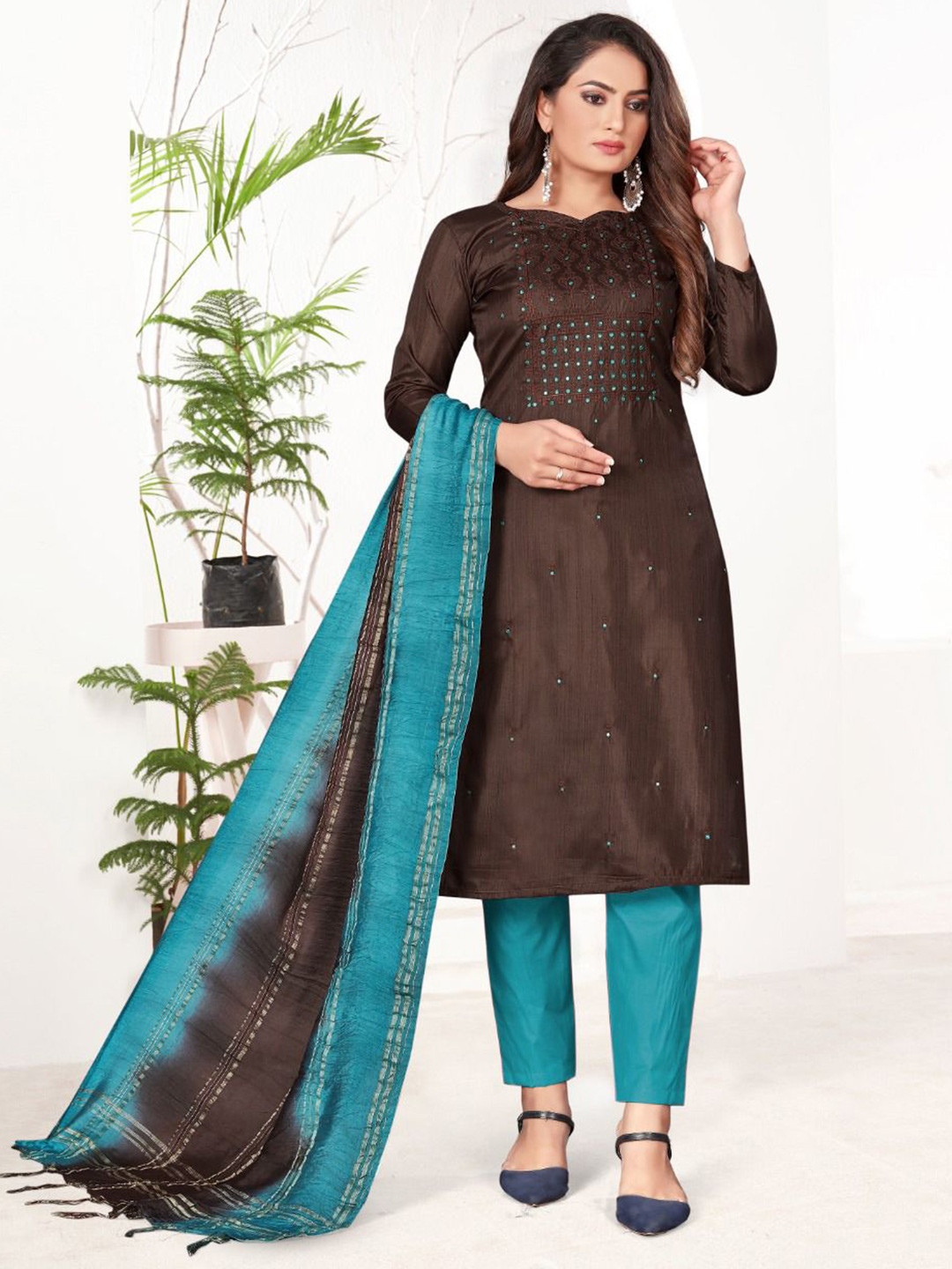 

KIMISHA Ethnic Motifs Embroidered Sequinned Unstitched Dress Material, Brown