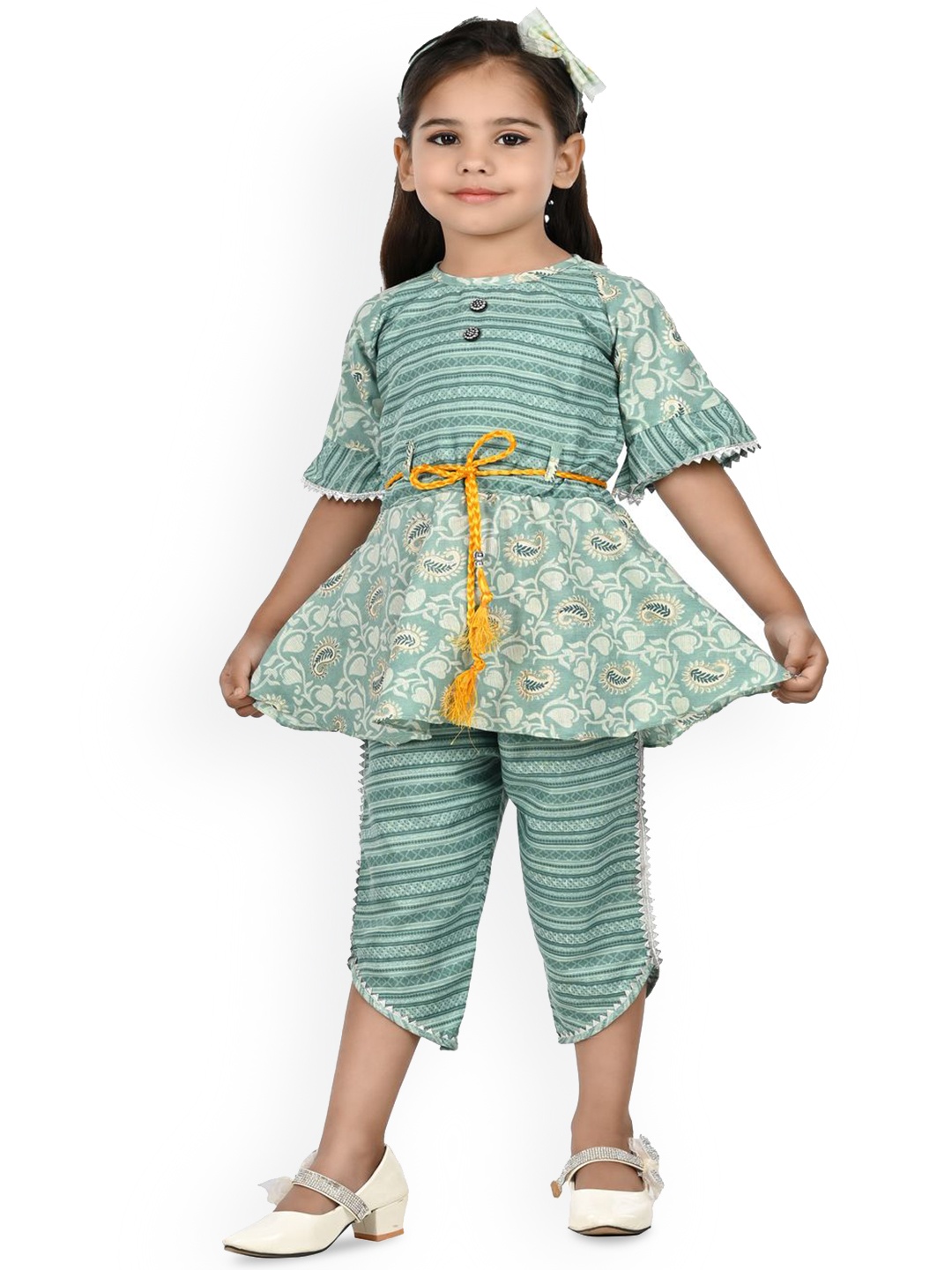 

BAESD Girls Abstract Printed Regular Kurta with Dhoti Pants, Turquoise blue