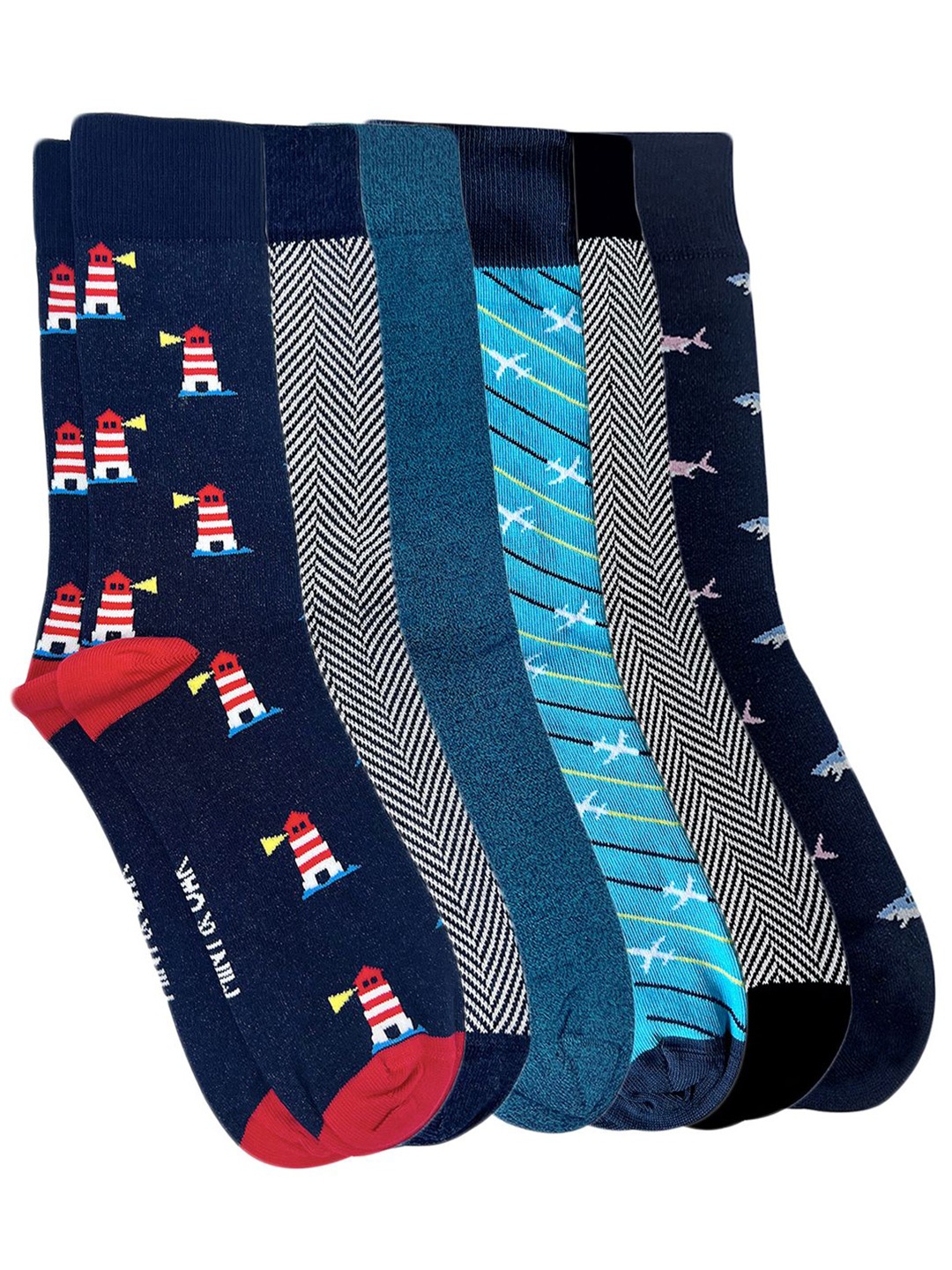 

Mint & Oak Men Pack Of 6 Patterned Above Ankle-Length Socks, White