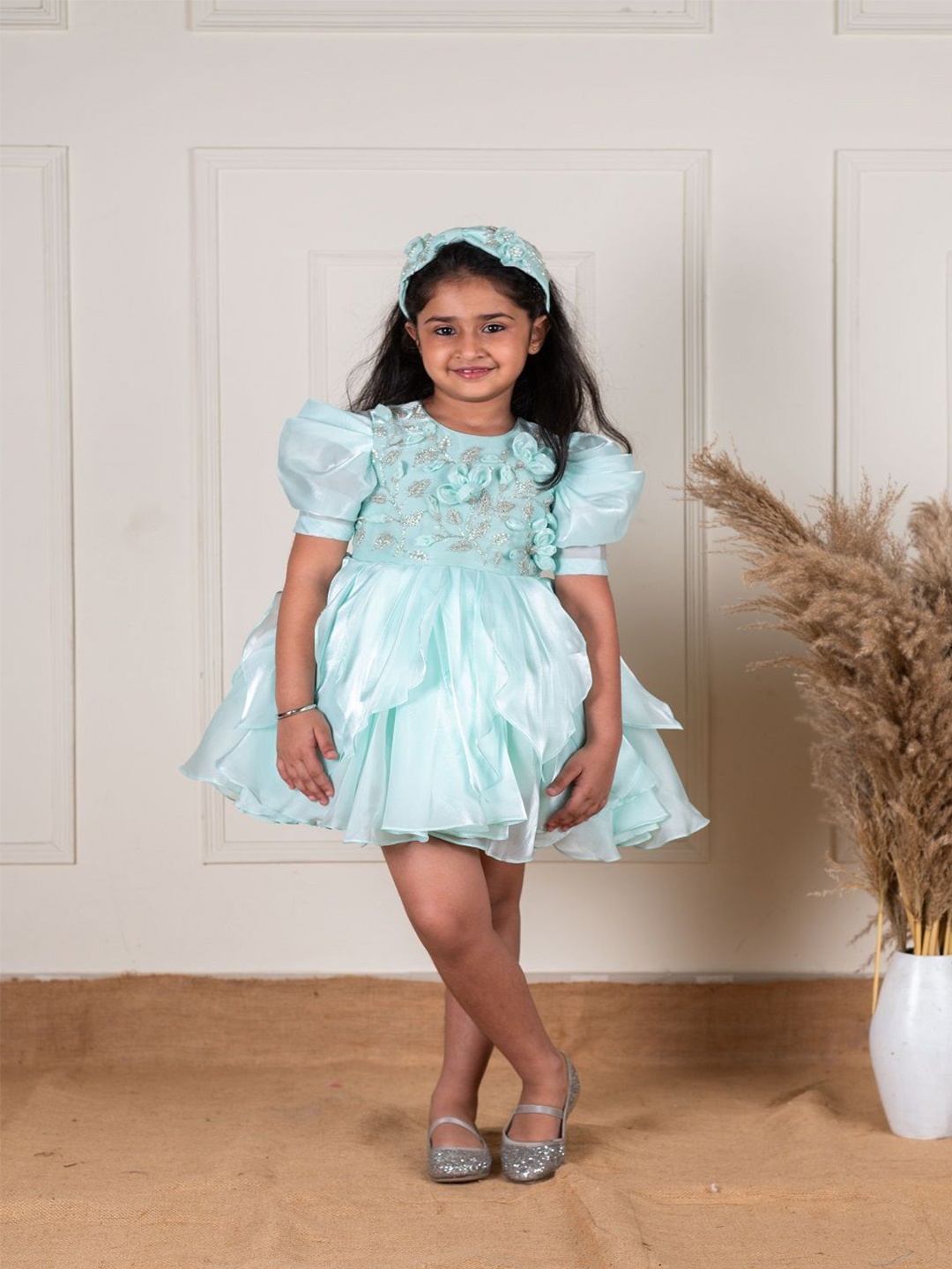 

Li'l Angels Floral Puff Sleeve Satin A-Line Embroidery Dress, Teal