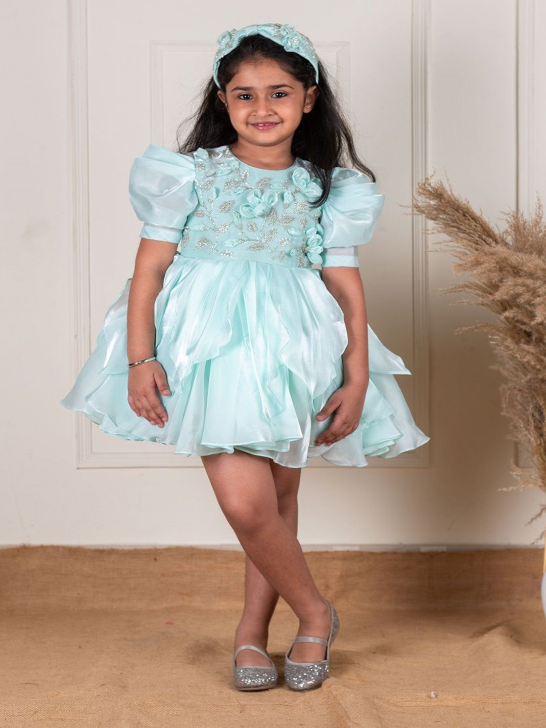 

Li'l Angels Floral Puff Sleeve Satin A-Line Embroidery Dress, Teal