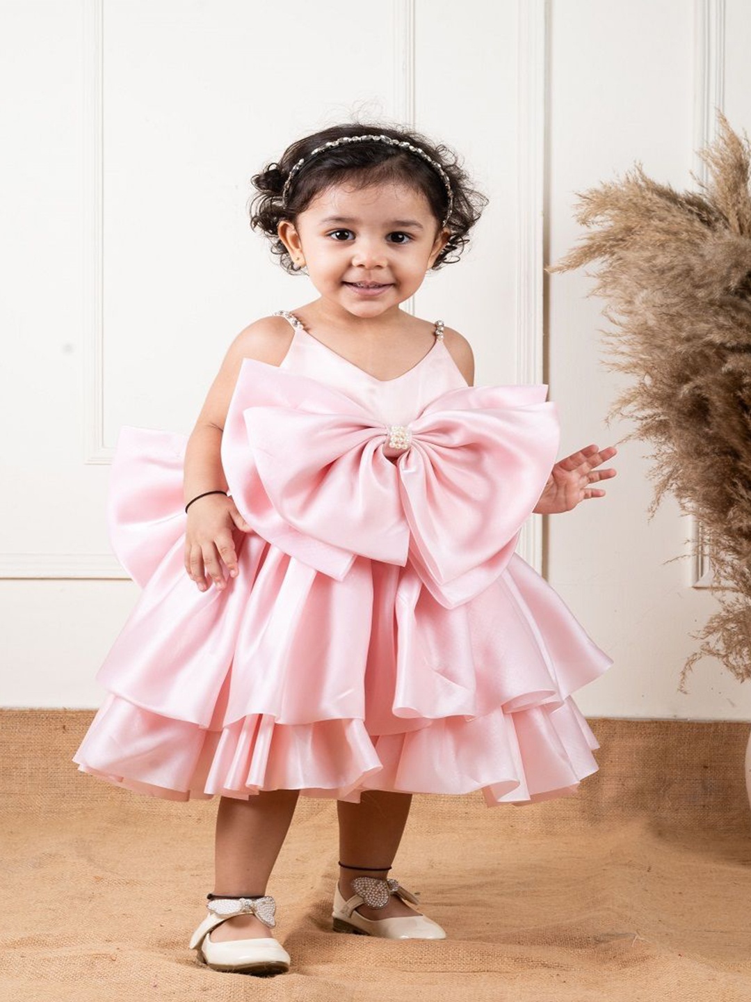 

Li'l Angels Shoulder Straps Satin Fit and Flare Dress With Bow Details, Peach