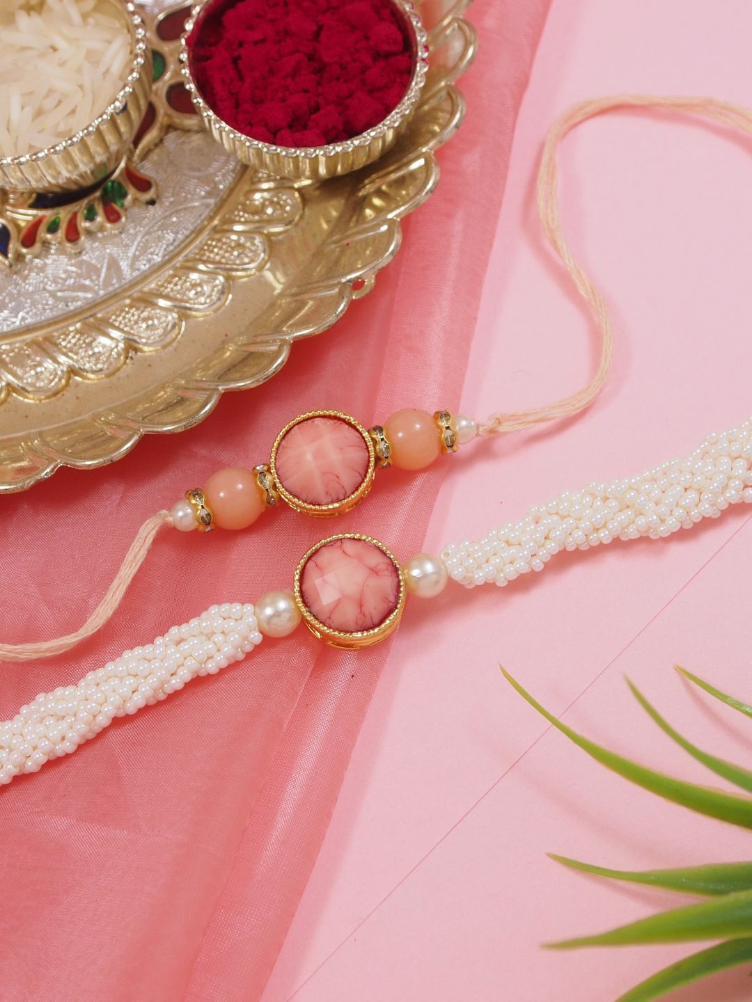 

I Jewels Kundan Pearl Beaded Bhaiya Bhabhi Lumba Rakhis With Roli Chawal And Greeting Card, Peach