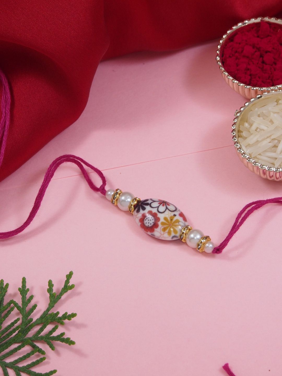 

I Jewels Beaded Thread Rakhi with Roli Chawal & Greeting Card, Pink