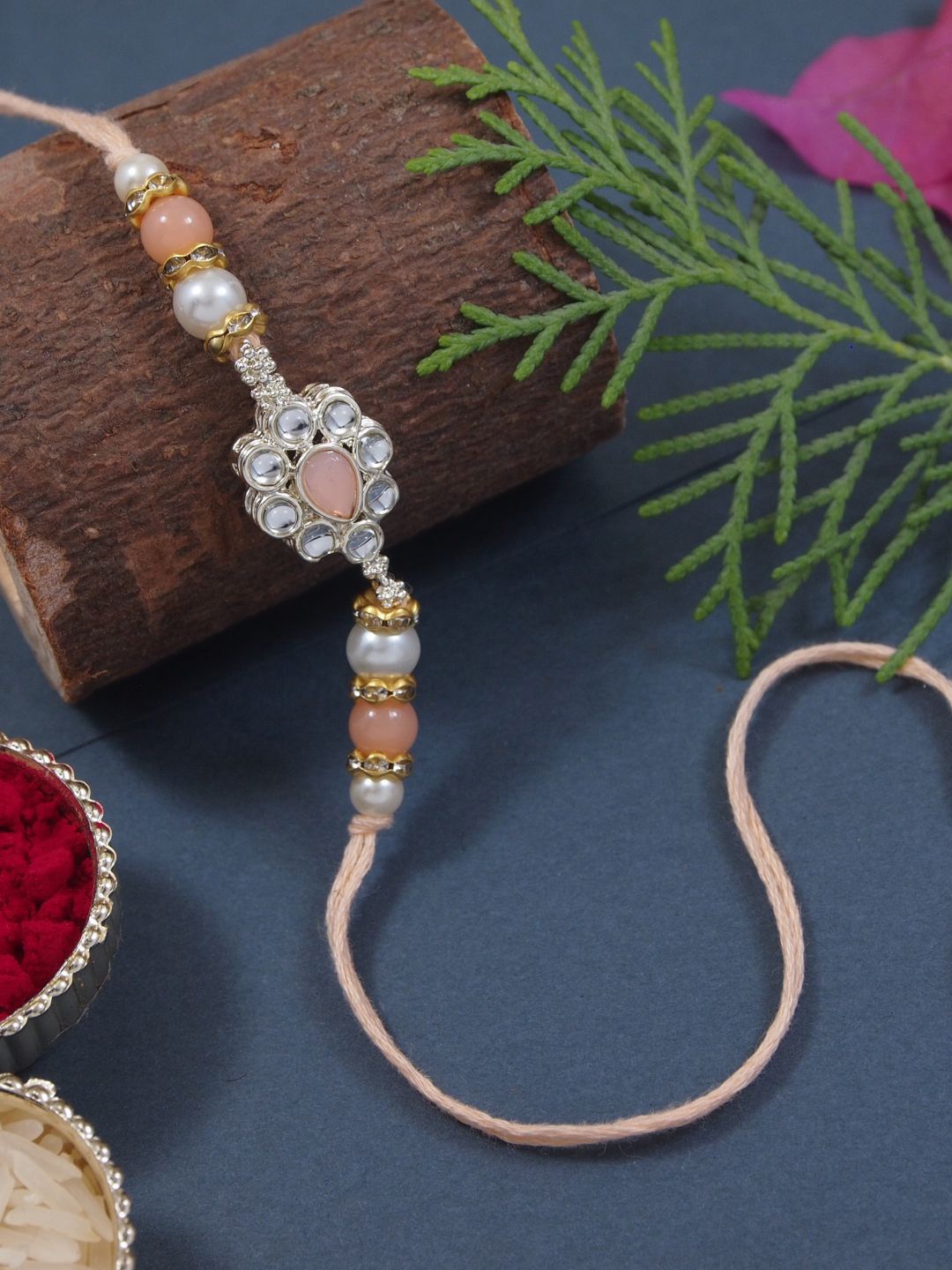 

I Jewels Designer Kundan Pearl Rakhi, Peach