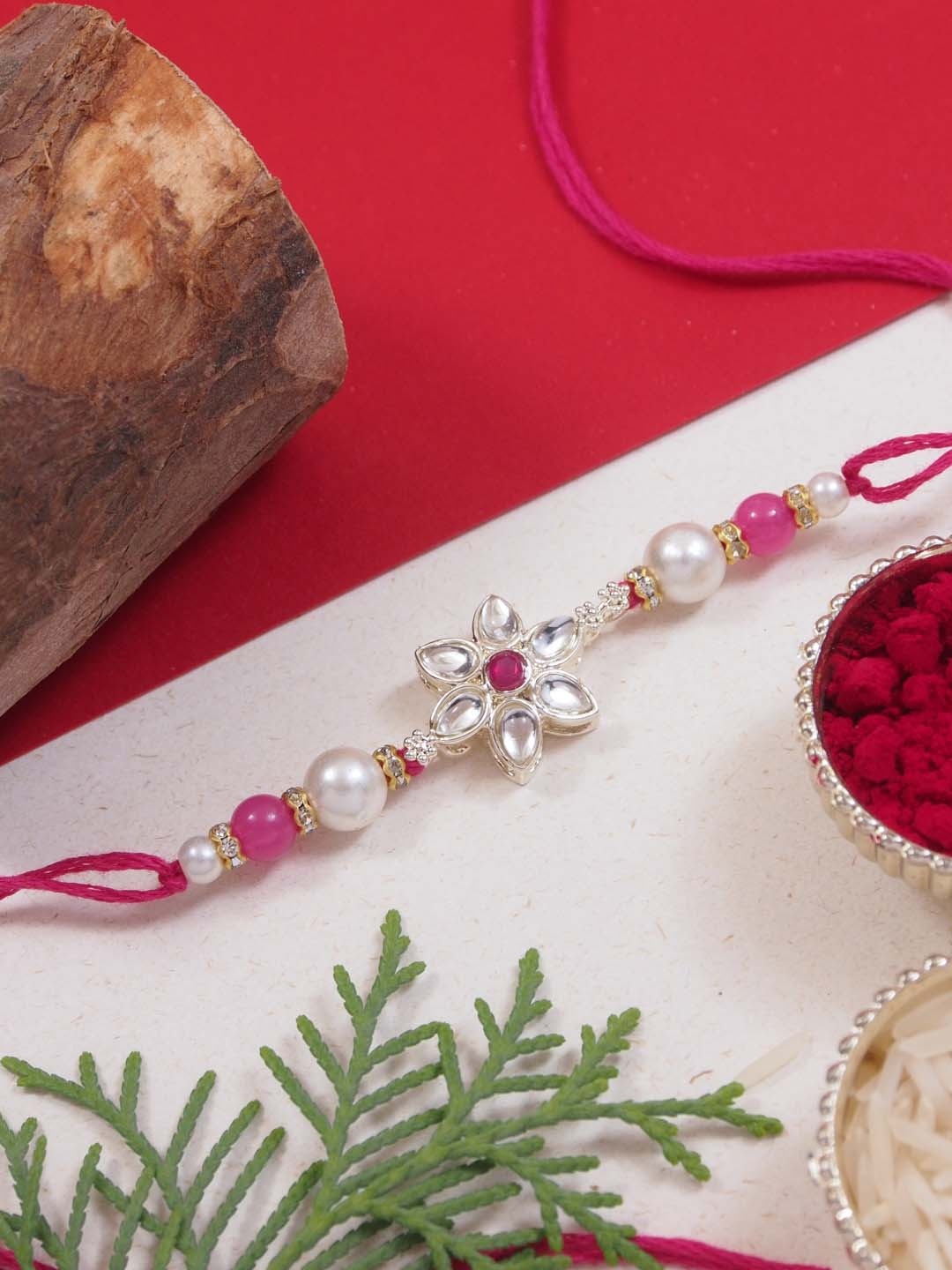 

I Jewels Kundan Pearls Beaded Thread Rakhi, Pink