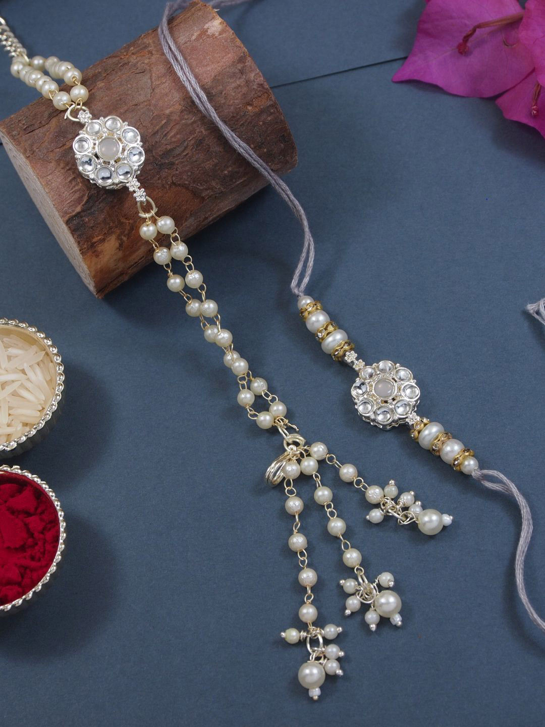 

I Jewels Kundan Studded Pearls Beaded Bhaiya Bhabhi Rakhi with Roli Chawal & Greeting Card, Gold