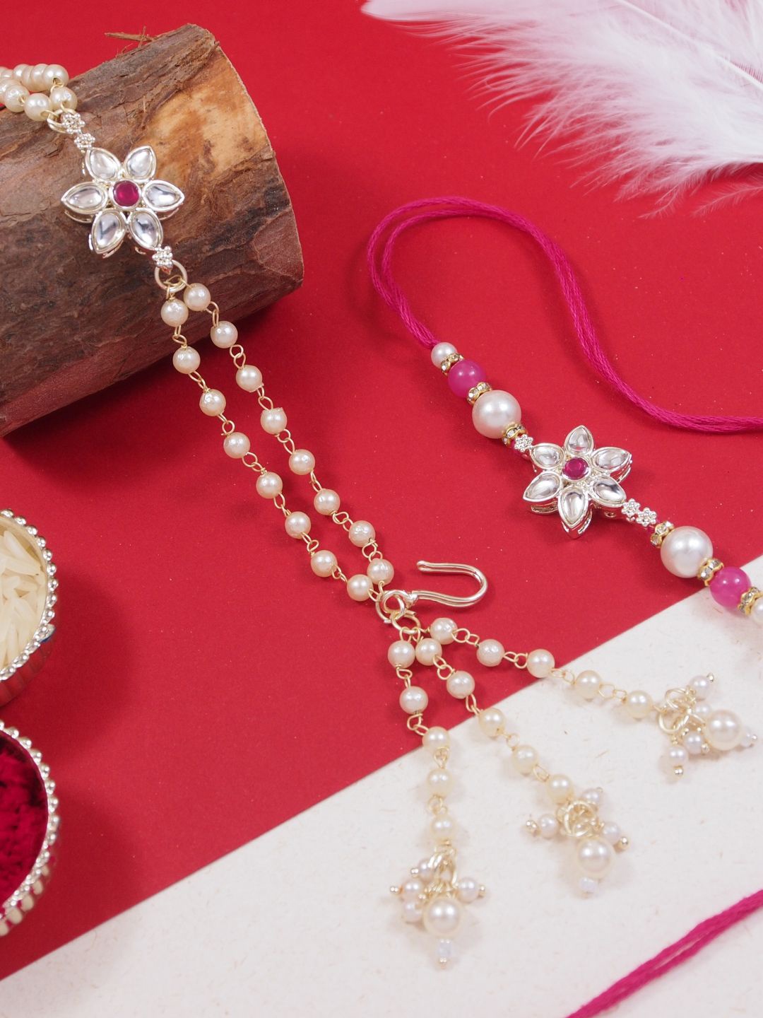 

I Jewels Set Of 2 Kundan Pearls Beaded Bhaiya Bhabhi Rakhi, Pink