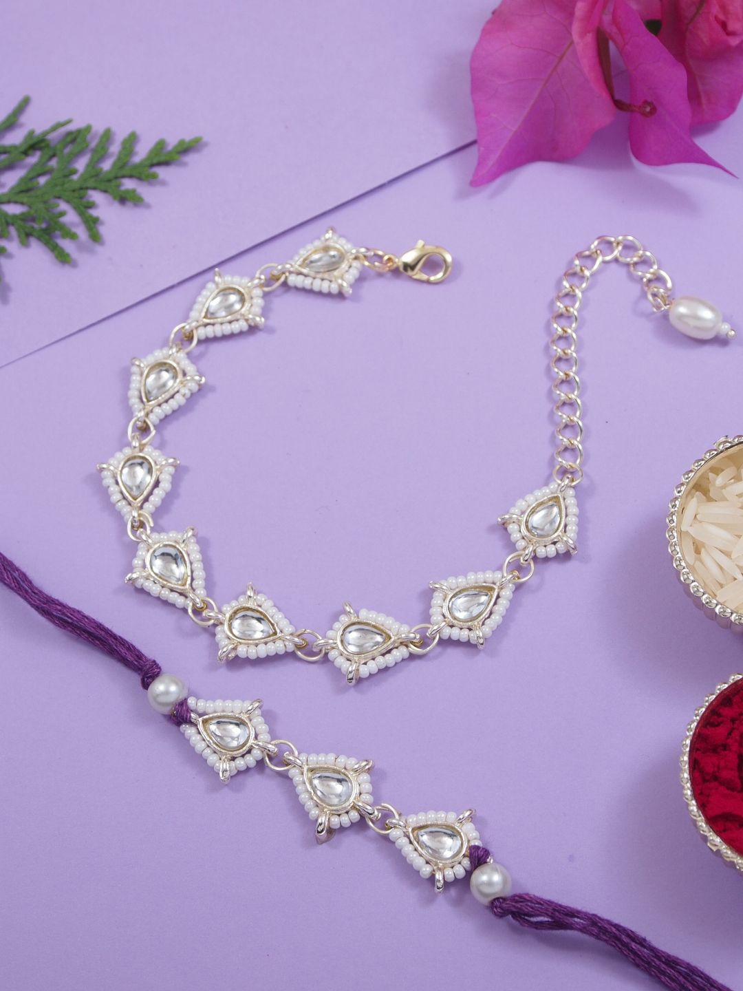 

I Jewels Set Of 2 Bhaiya Bhabhi Lumba Rakhi Bracelet, White