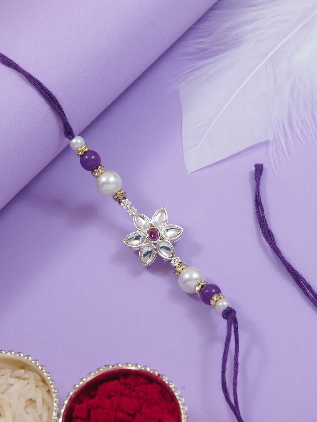 

I Jewels Kundan Pearl Beaded Thread Rakhi, Purple