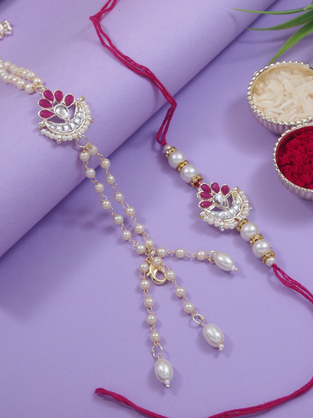 

I Jewels Set Of 2 Bhaiya Bhabhi Lumba Rakhi Bracelet, Pink