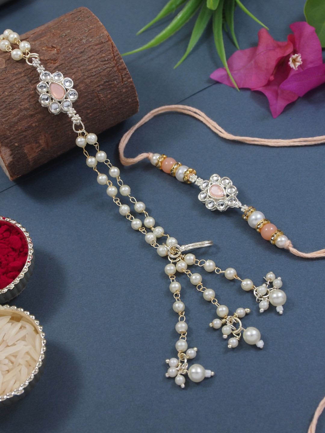 

I Jewels Set Of 2 Pearl Bhaiya Bhabhi Lumba Rakhi Bracelet, Peach