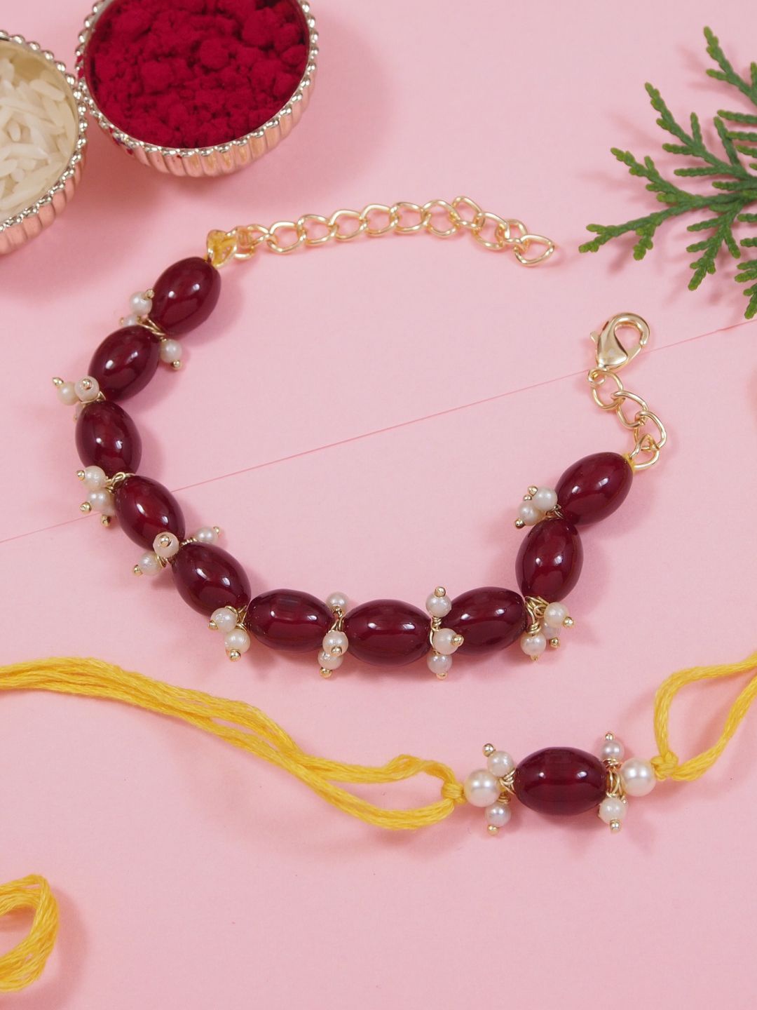 

I Jewels Set Of 2 Pearl Bhaiya Bhabhi Lumba Rakhi Bracelet, Maroon