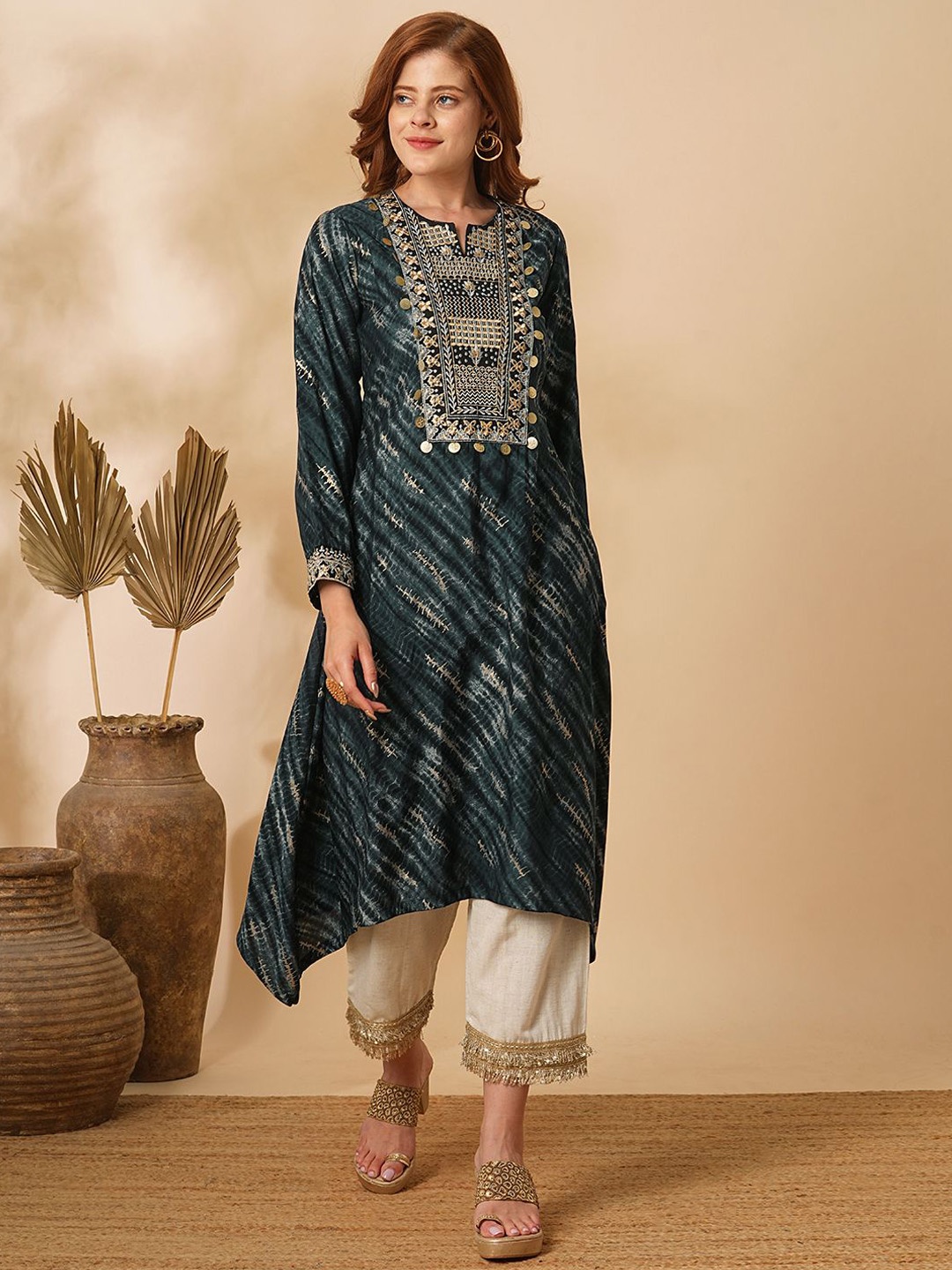 

FASHOR Abstract Printed Thread Work A-Line Kurta with Palazzo, Charcoal