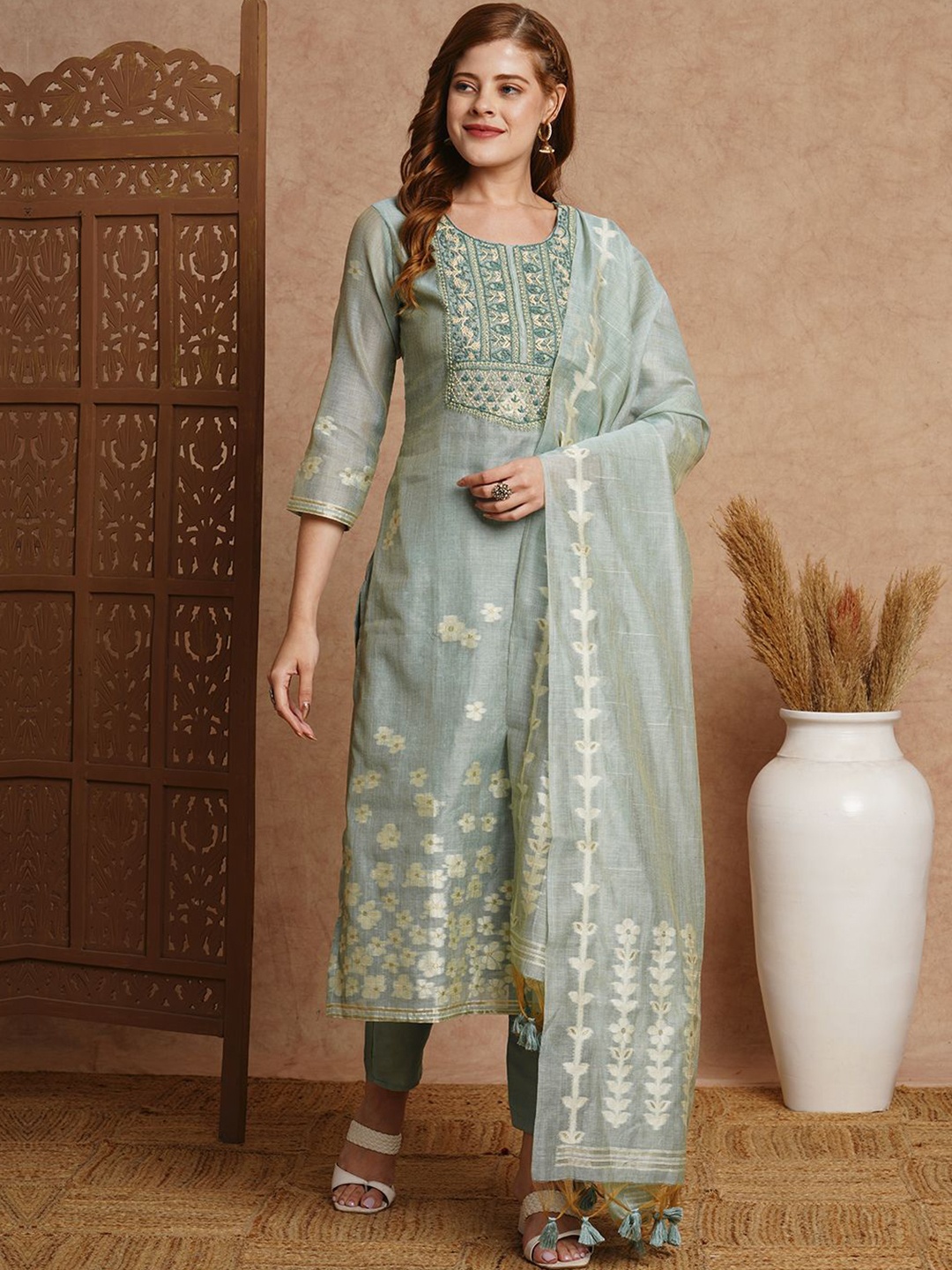 

FASHOR Floral Woven Design Thread Work Chanderi Cotton Kurta with Trousers & Dupatta, Green