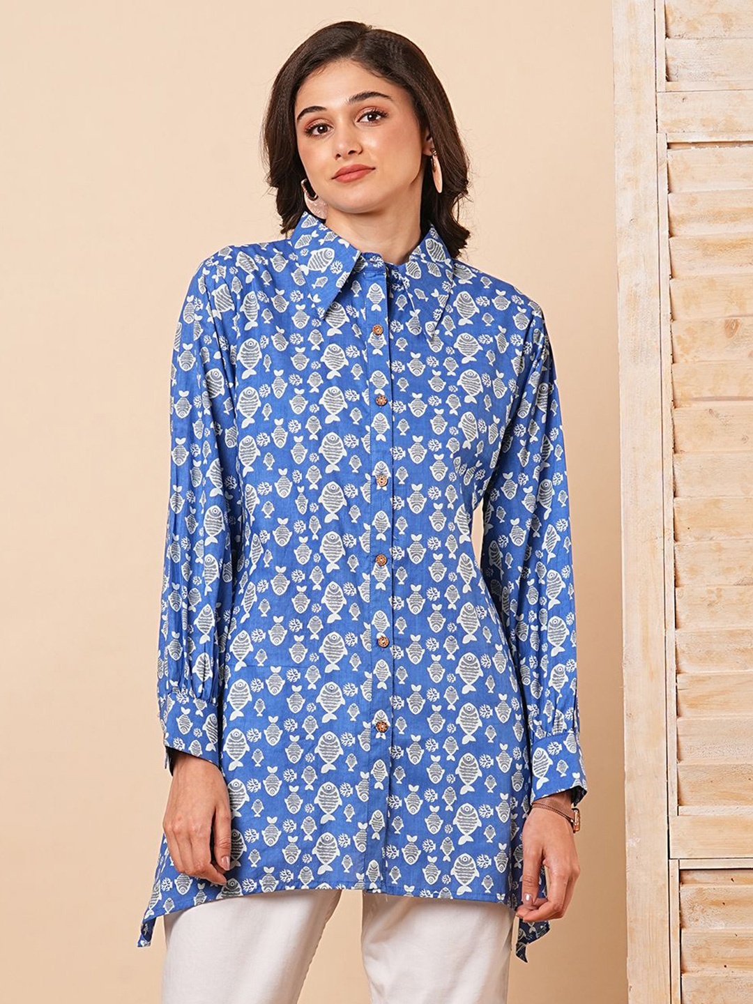 

FASHOR Ethnic Fish Motif Printed A-Line Cotton Shirt, Blue