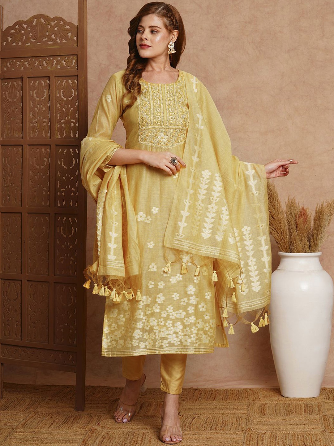 

FASHOR Floral Woven Design Thread Work Chanderi Cotton Kurta with Trousers & Dupatta, Yellow