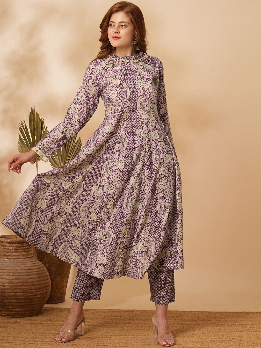 

FASHOR Floral Printed Band Collar Anarkali Pure Cotton Kurta with Trousers, Purple