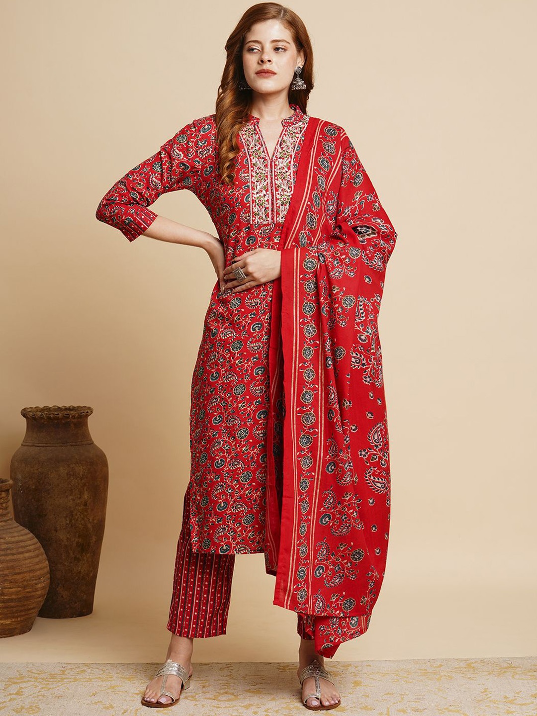 

FASHOR Floral Printed Sequinned Straight Kurta With Trousers & Dupatta, Red