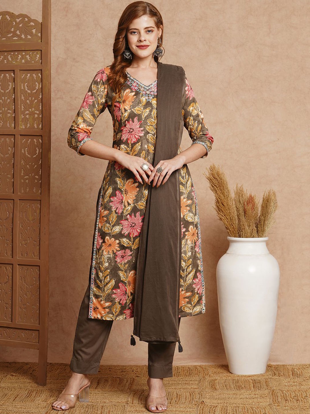 FASHOR Floral Printed Mirror Work Pure Cotton Straight Kurta With Trousers & Dupatta, Grey