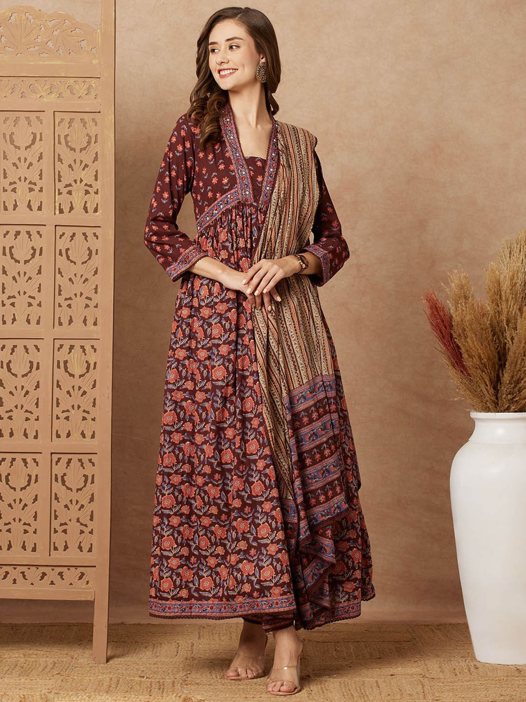 

FASHOR Floral Printed Pleated Pure Cotton A-Line Kurta With Trousers & Dupatta, Brown