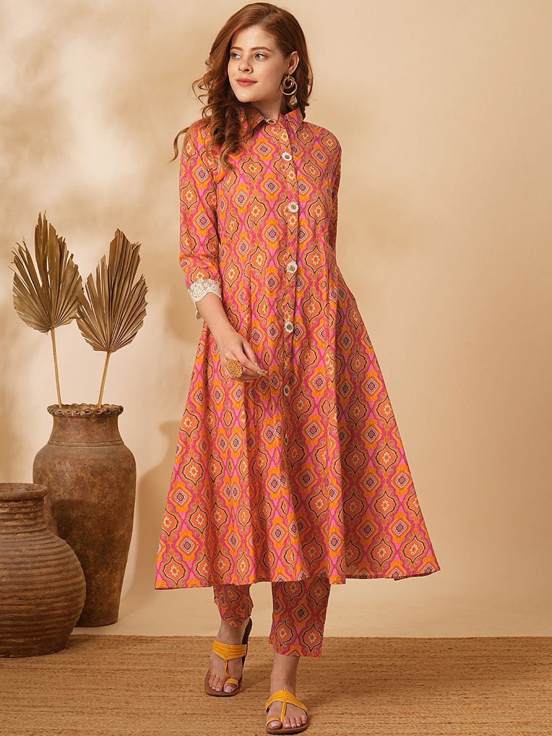

FASHOR Ethnic Motifs Printed Pure Cotton Tunic With Trouser, Orange