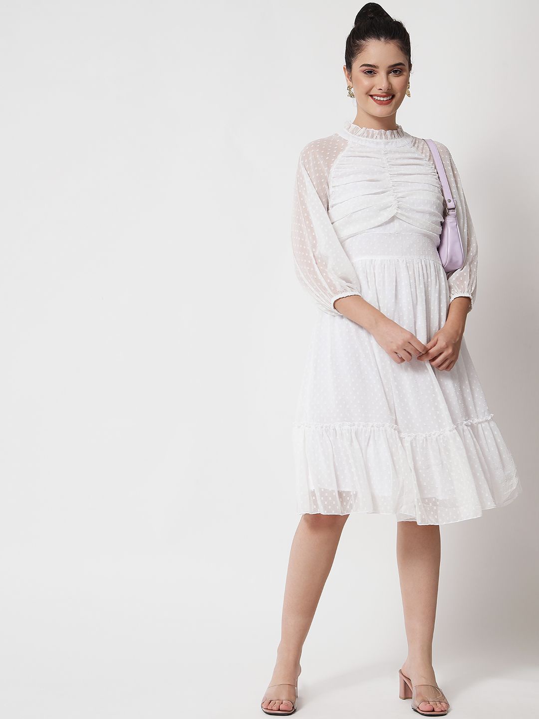 

ARDITA Mock Neck Chiffon Gathered A-Line Dress, White
