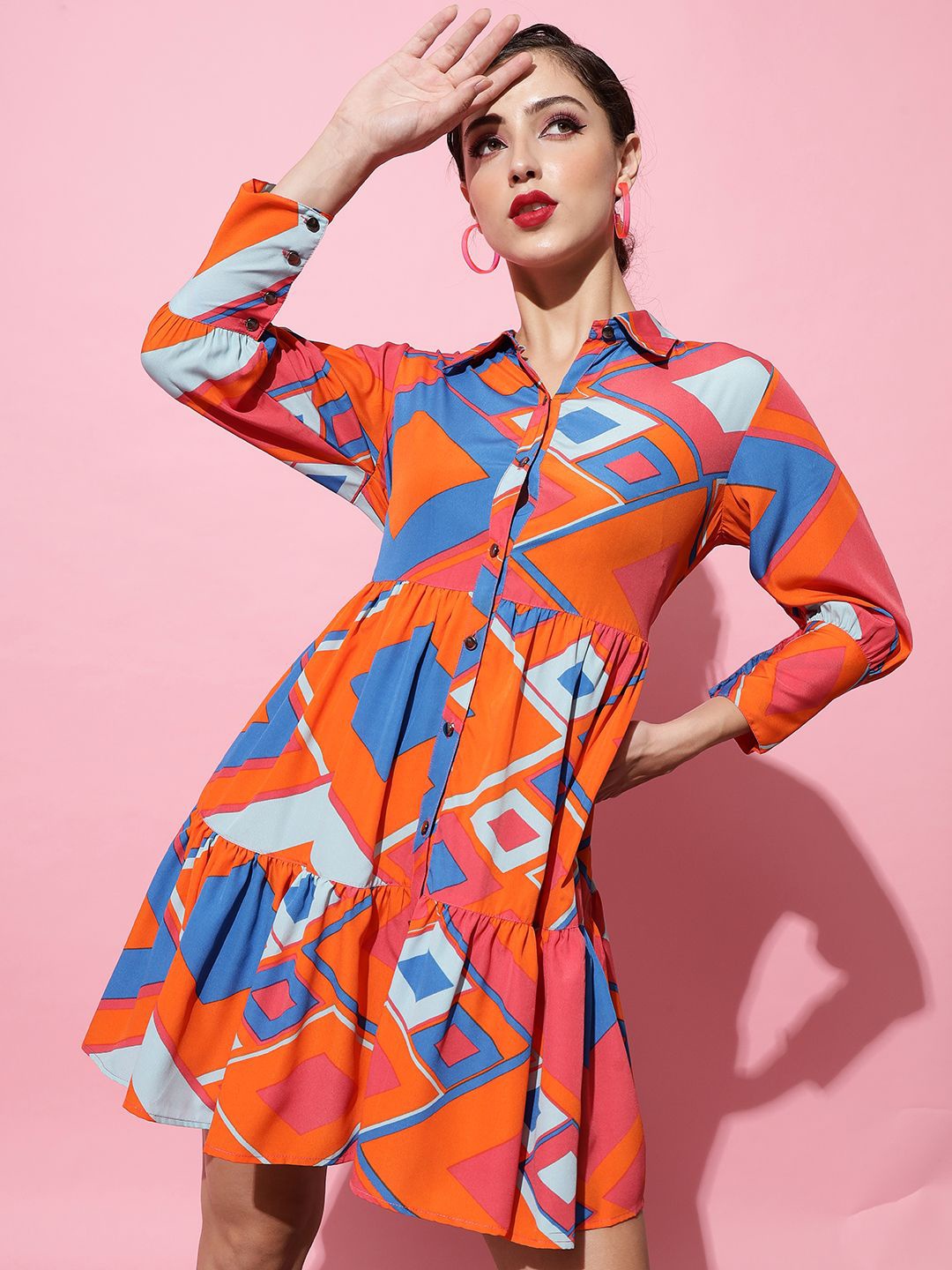 

ARDITA Printed Ruffled Crepe Shirt Dress, Orange