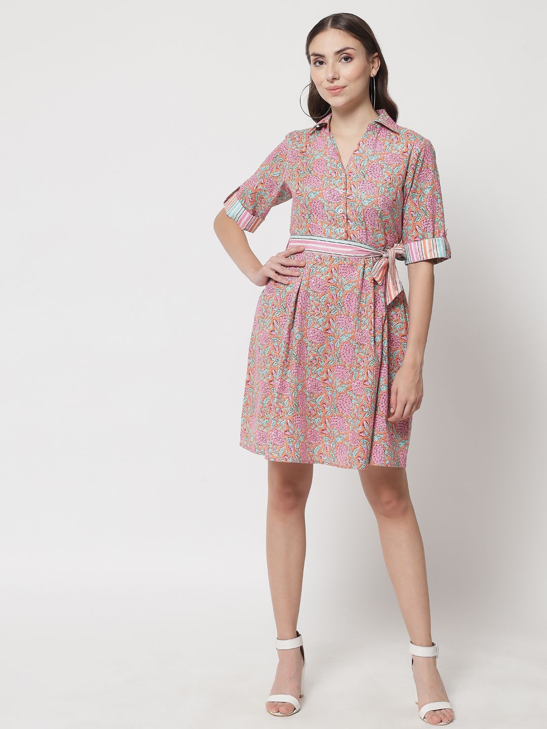 

ARDITA Women Floral Print Roll-Up Sleeves Shirt Dress, Pink