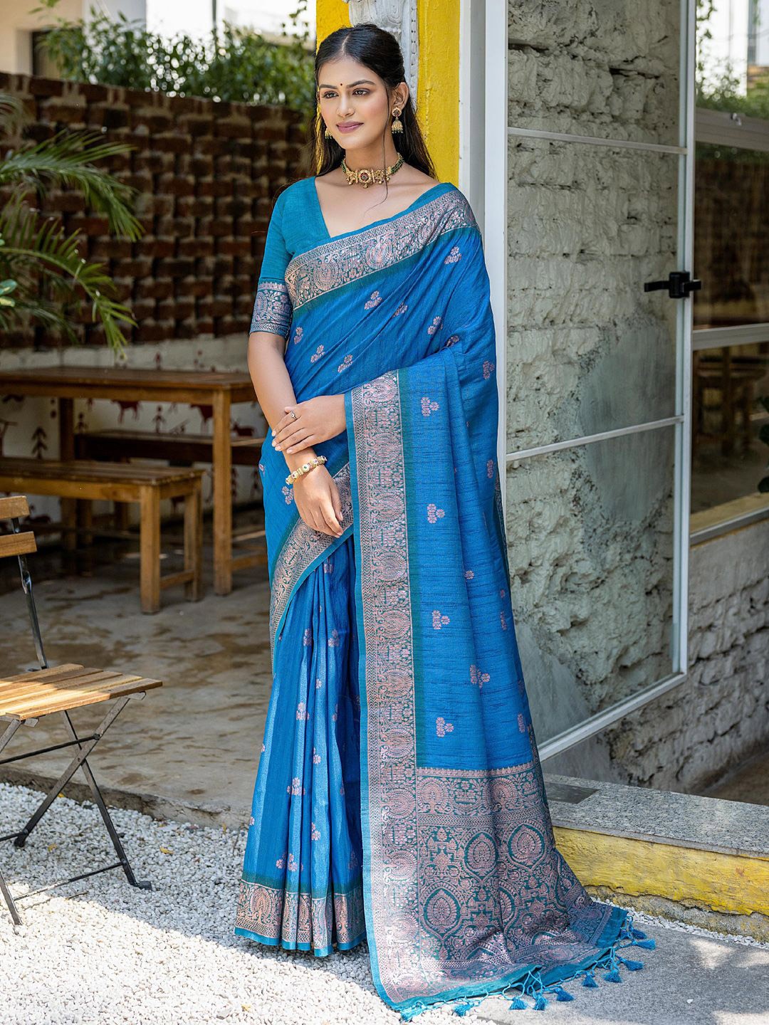 

Mitera Ethnic Motif Zari Woven Tassel Detail Saree, Turquoise blue