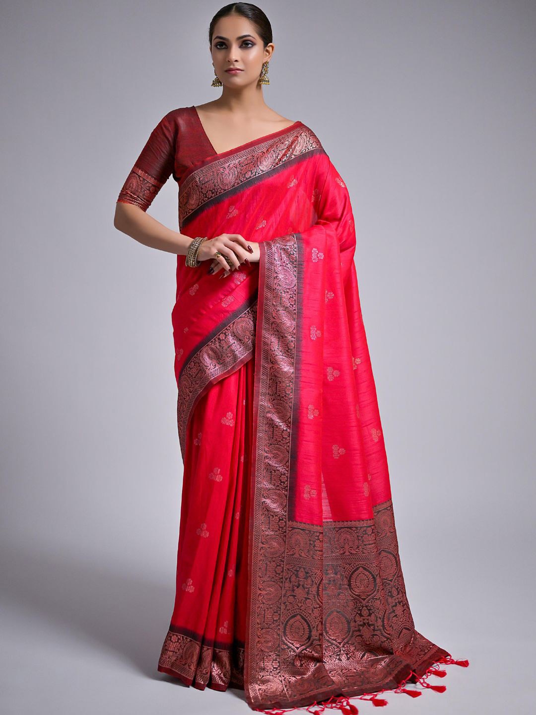 

Mitera Ethnic Motif Zari Woven Tassel Detail Saree, Pink