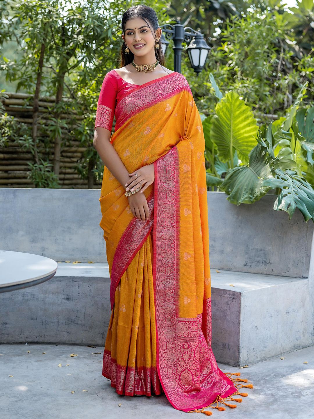 

Mitera Ethnic Motifs Zari Woven Tassel Detail Saree, Yellow