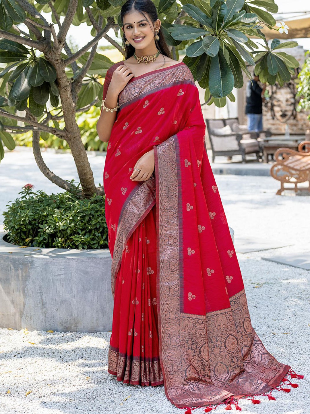 

Mitera Ethnic Motifs Zari Woven Tassel Detail Saree, Red