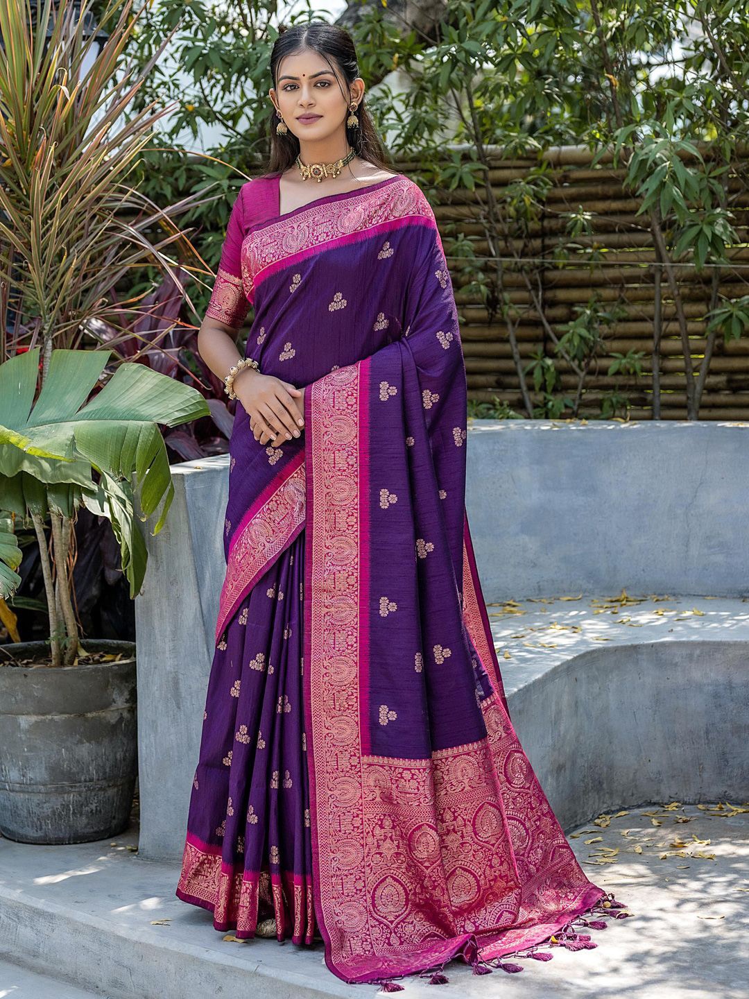 

Mitera Ethnic Motifs Zari Woven Tassel Detail Saree, Purple