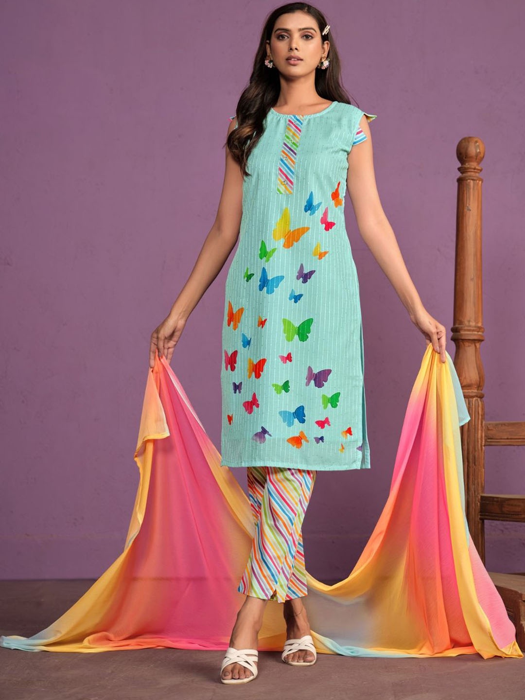 

Sangria Quirky Printed Sequinned Straight Kurta With Trouser & Dupatta, Blue