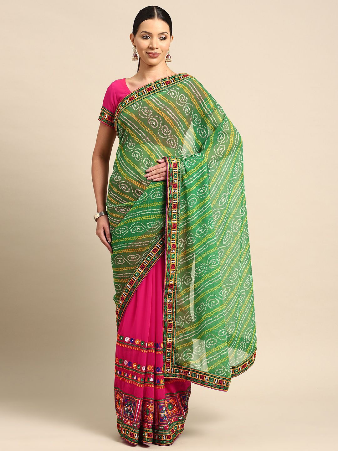

KAVINDI Embroidered & Embellished Pure Georgette Half and Half Bandhani Saree, Green