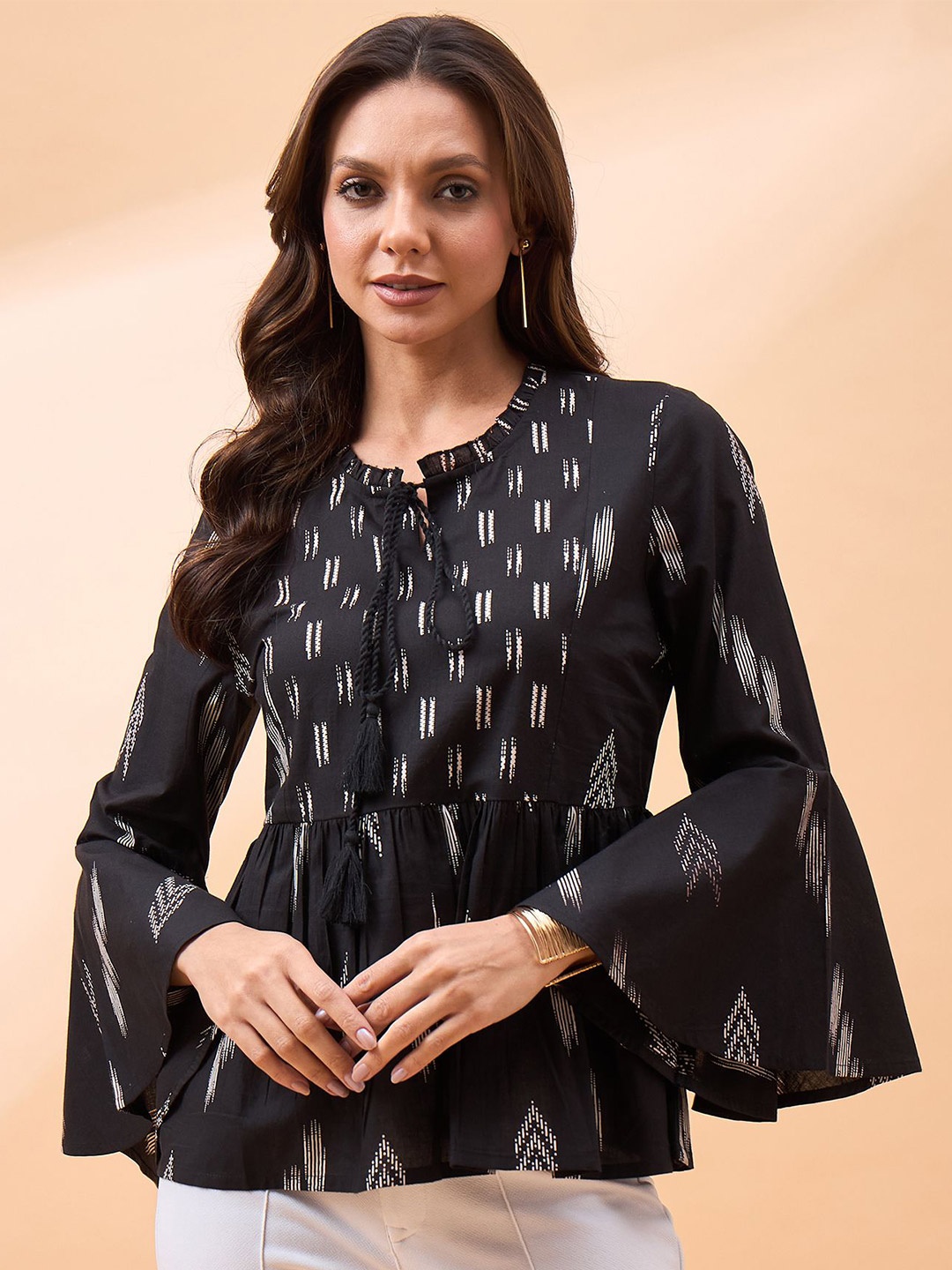 

all about you Womens Printed Bell Sleeve Ethnic Cotton Top, Black