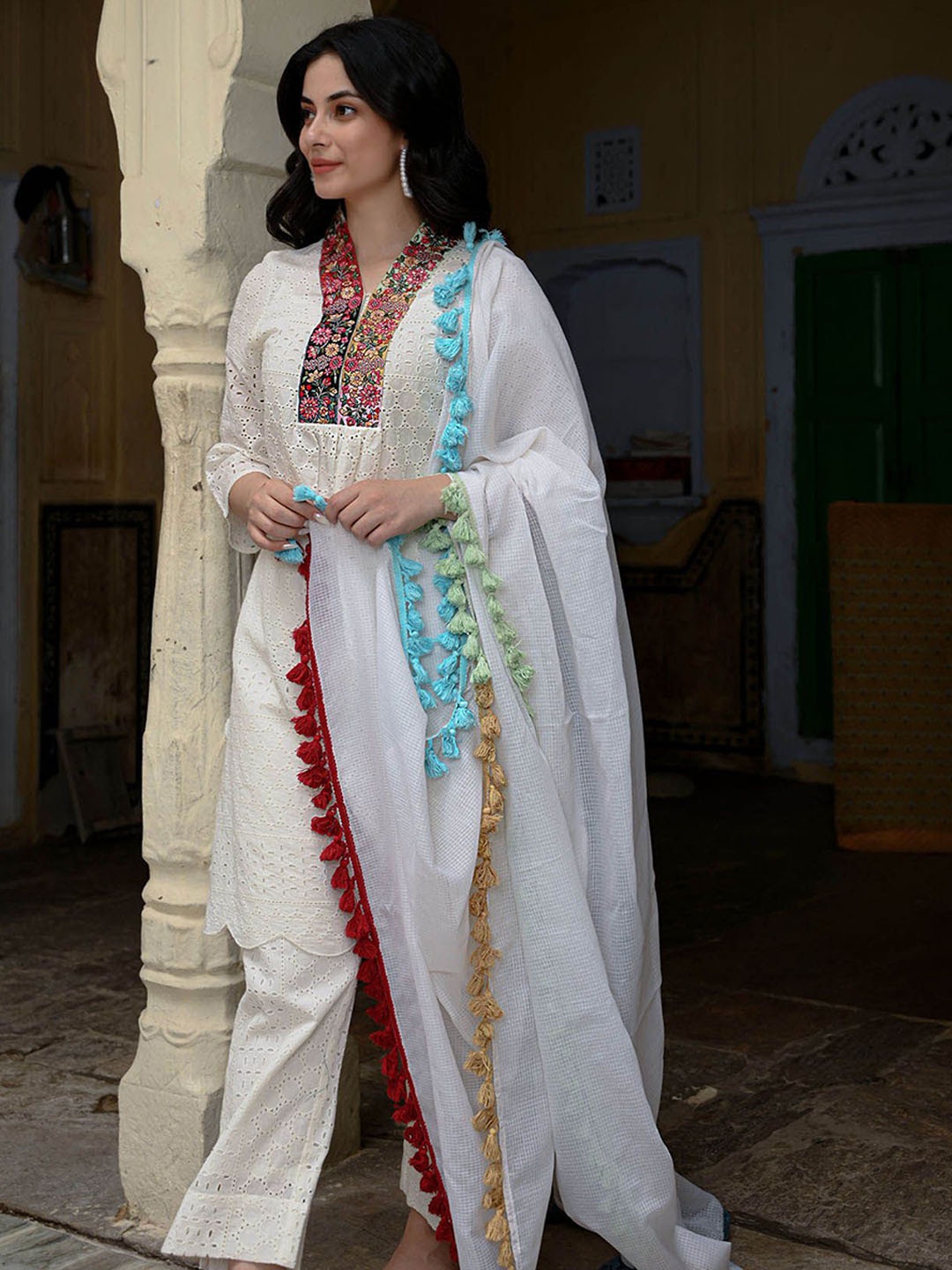 

NUHH Floral Embroidered Thread Work Pure Cotton Kurta with Trousers & Dupatta, White