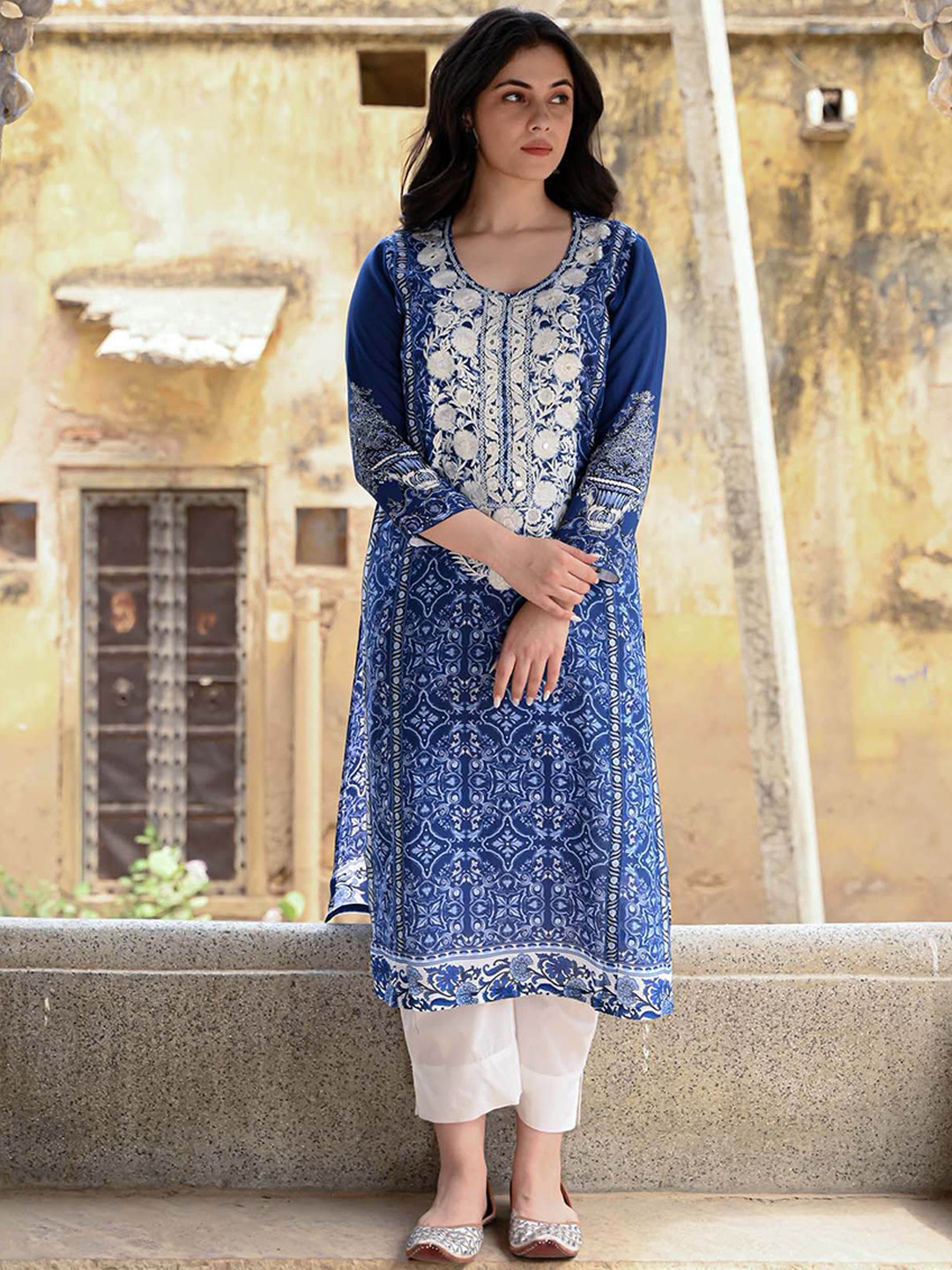 

NUHH Ethnic Motifs Printed Embroidered Mirror Work Regular Kurta with Trousers & Dupatta, Blue