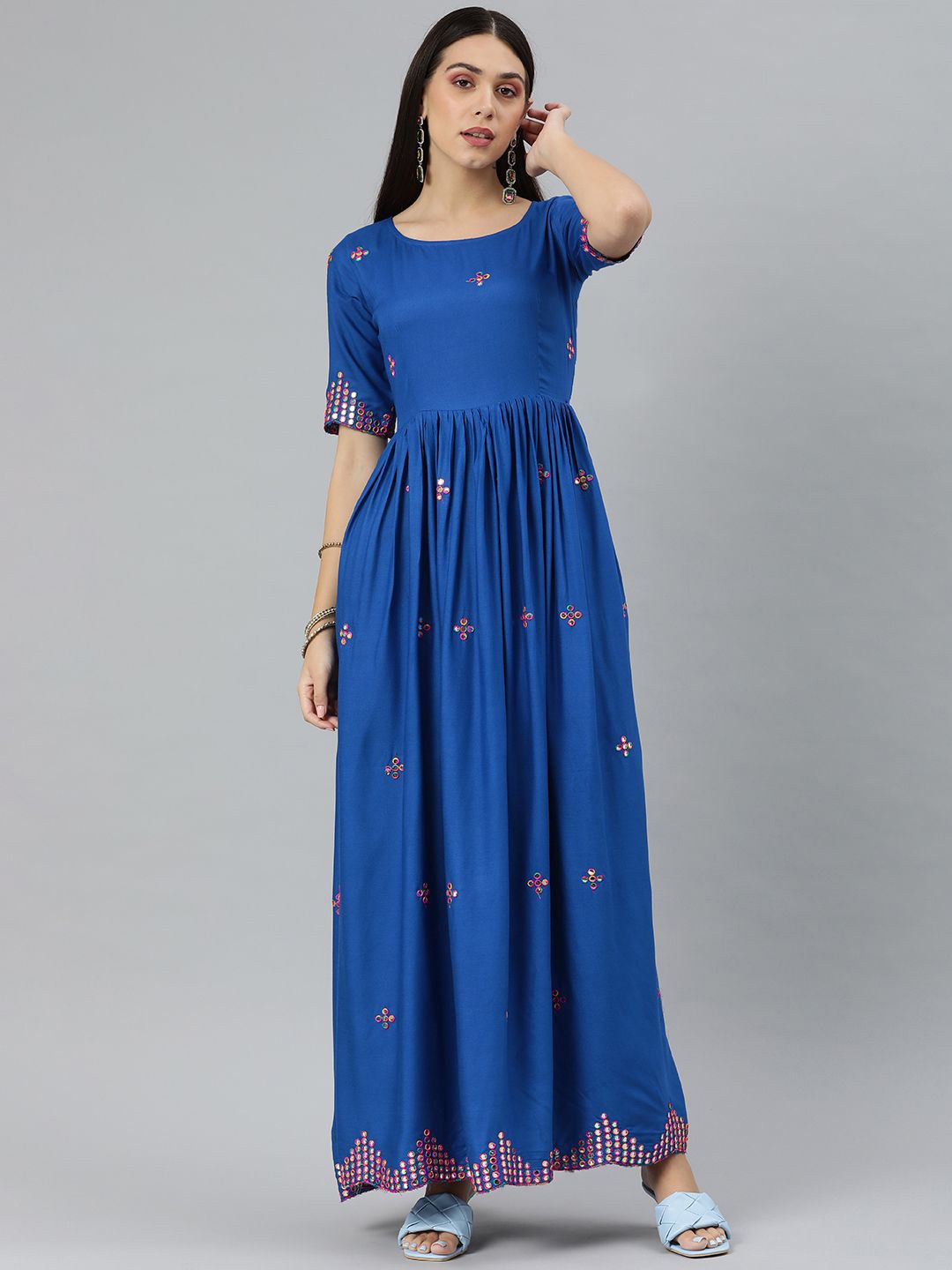 

Swishchick Mirror Embroidered Fit and Flare Dress Maxi Dress, Blue