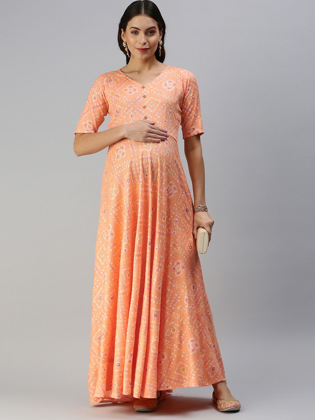

Swishchick Ethnic Motifs Print Maternity Maxi Dress, Orange