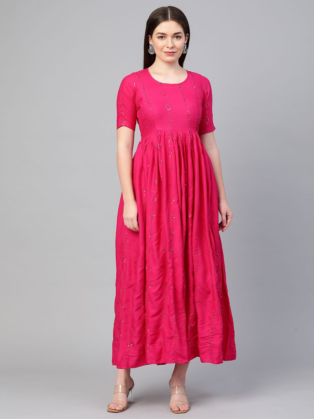 

Swishchick Ethnic Motifs Embroidered Maxi Fit & Flare Ethnic Dress, Pink