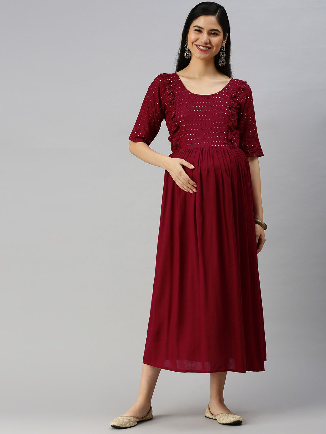 

Swishchick Embroidered Embellished Maternity Fit and Flare Midi Ethnic Dress, Maroon