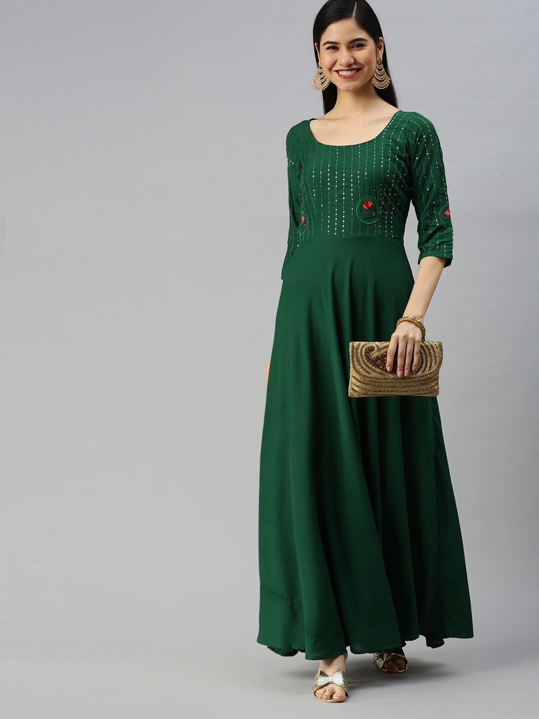 

Swishchick Floral Embroidered Maxi Ethnic Dress, Green