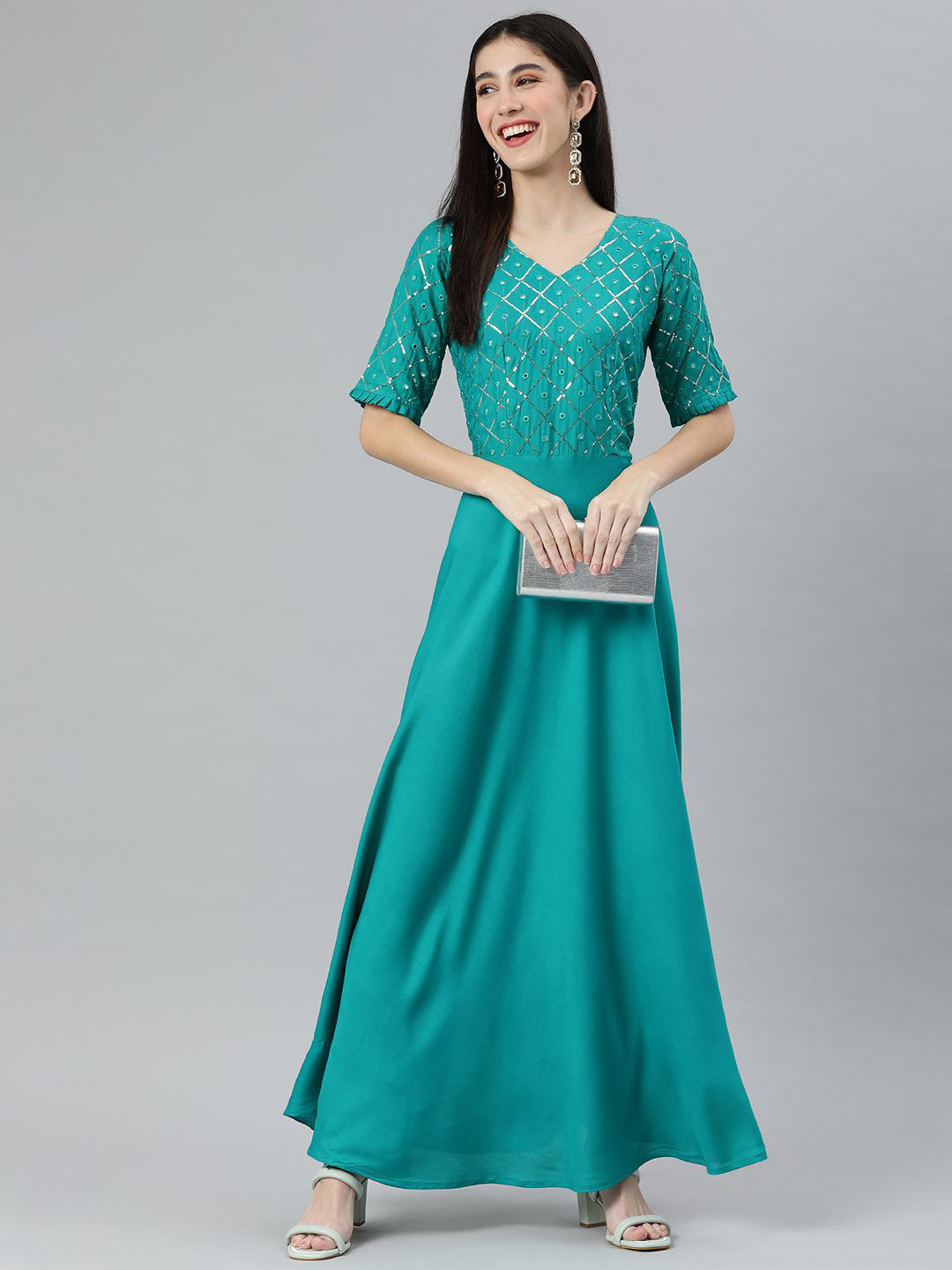 

Swishchick Embellished Fit & Flare Maxi Ethnic Dress, Turquoise blue