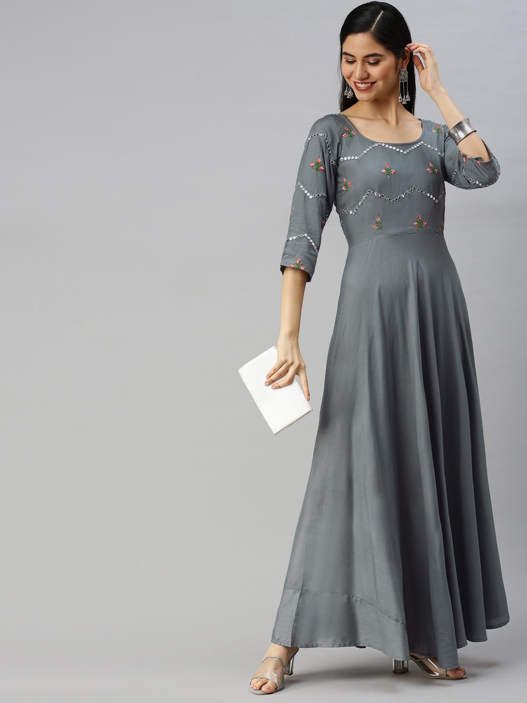 

Swishchick Floral Embroidered Fit & Flare Maxi Ethnic Dress, Grey
