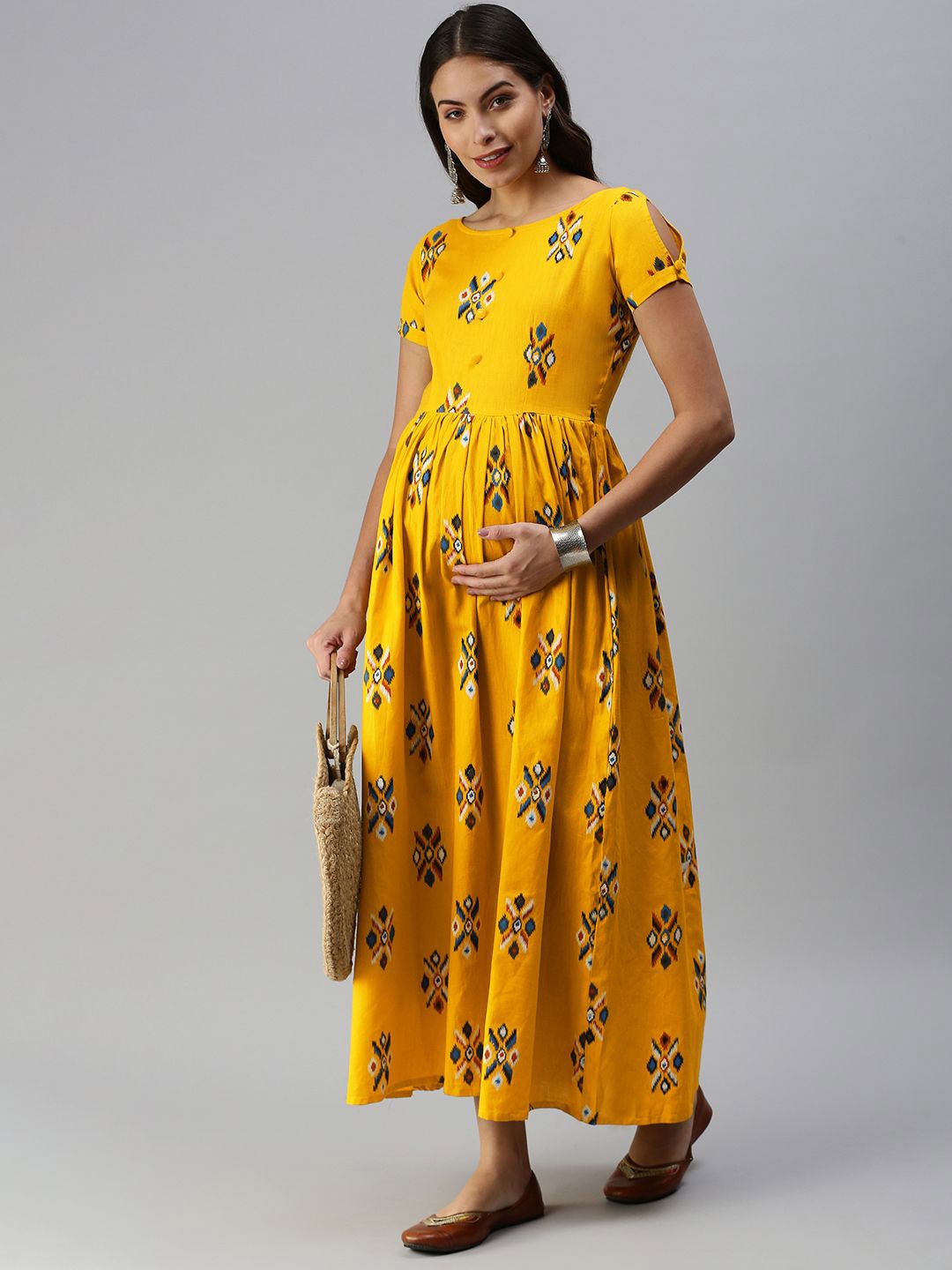 

Swishchick Ethnic Motifs Printed Maternity Maxi Fit and Flare Ethnic Dress, Mustard