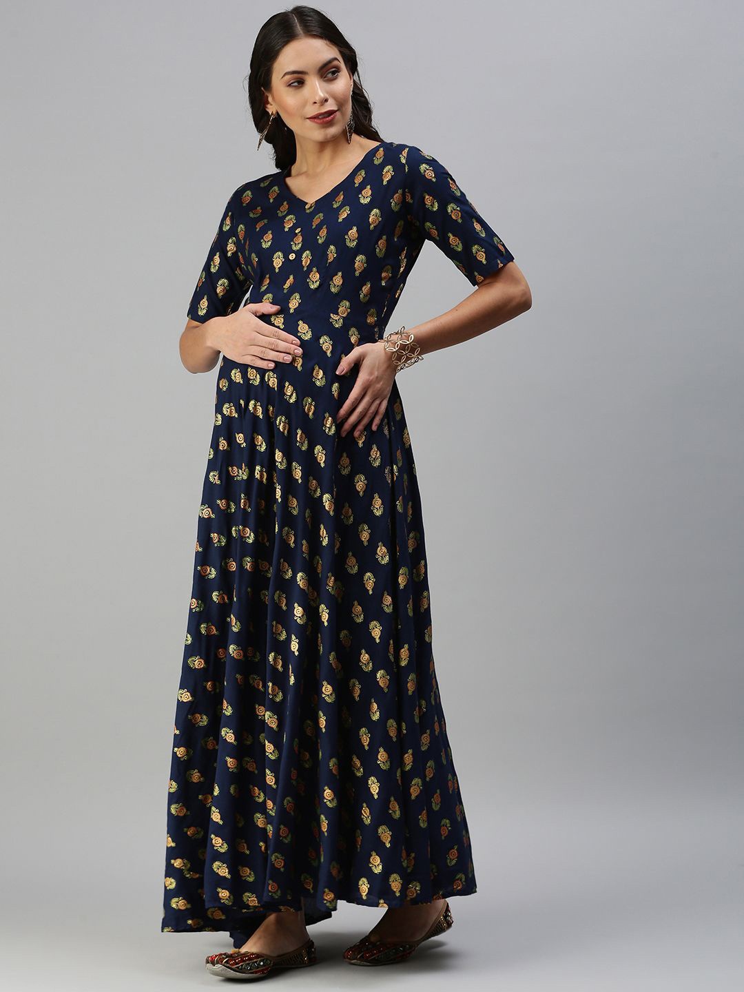 

Swishchick Ethnic Motifs Print Maternity Maxi Ethnic Dress, Navy blue