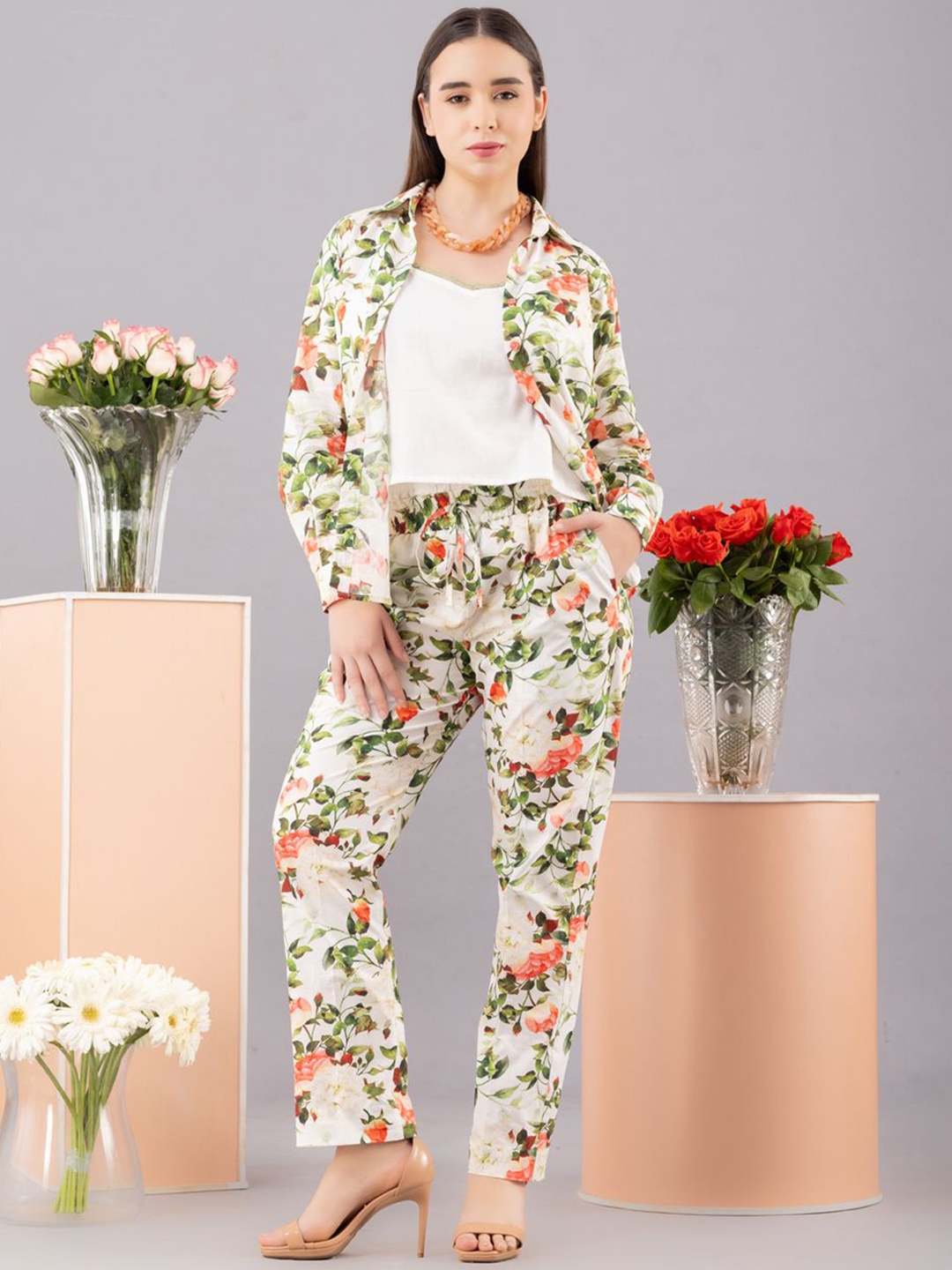 

KOVET Floral Printed Shirt With attached Camisole & Trousers, White